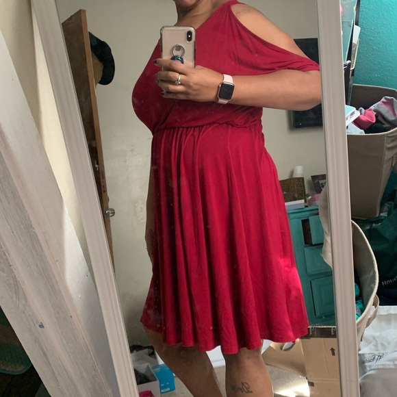 RED COLD SHOULDER JERSEY SKATER DRESS - Picture 6 of 7